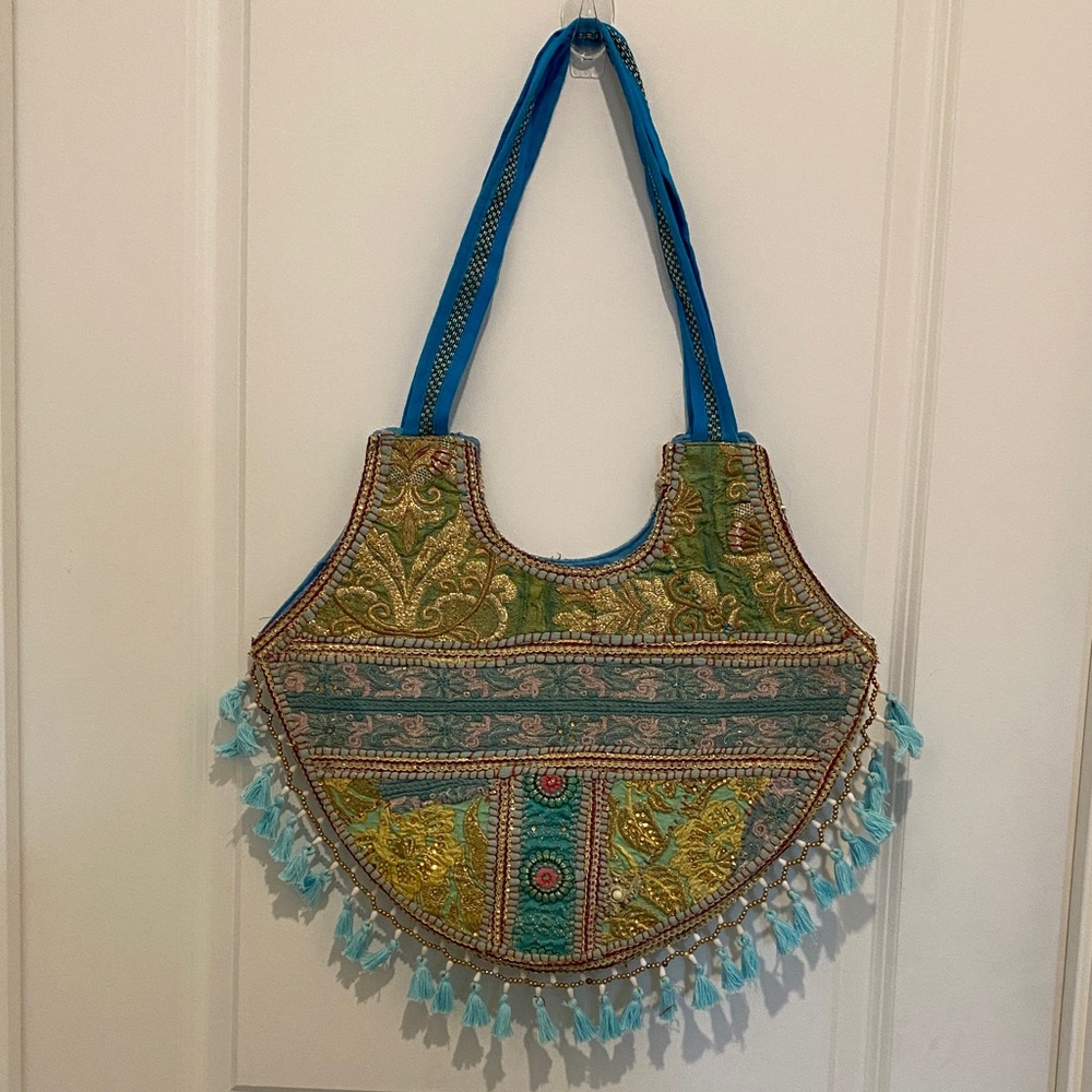 Embroidered Teal and Gold Boho Tote Bag